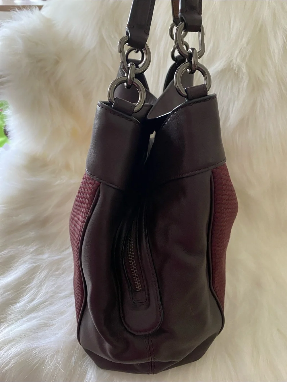 Coach Lexy Carryall Shoulder Bag in Dark Maroon Canvas and Oxblood Leather Trim